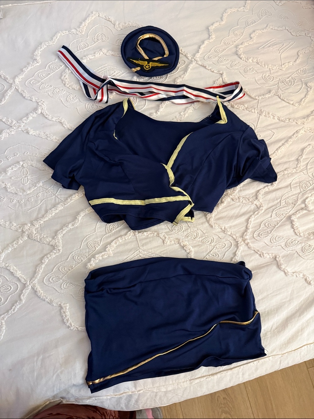 Flight attendant lingerie Navy Blue Two-Piece Skirt Set with Gold Trim